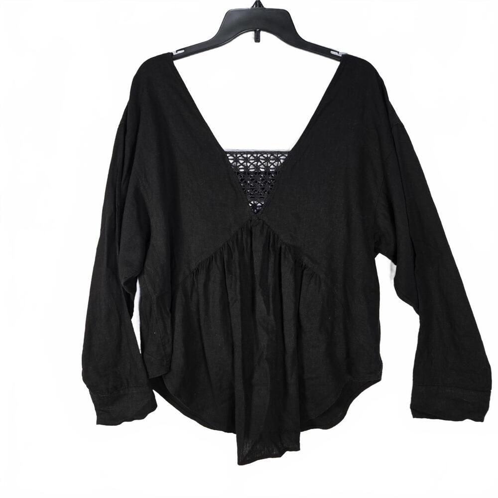 Free People Oversized Women's Sm Linen Blend V-Neck Long Sleeve Top Boho Hippie - Picture 2 of 6